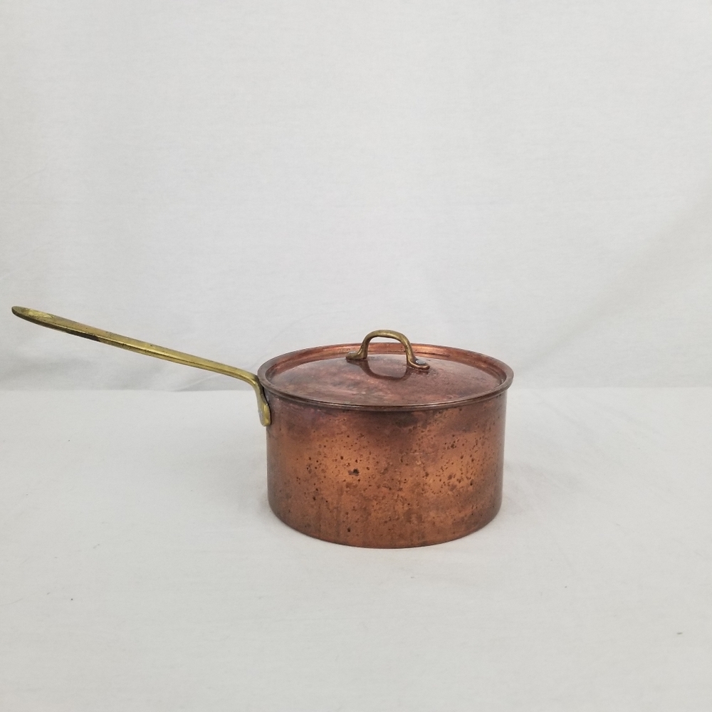 Vintage Rustic Copper and stainless steel pot with brass handles